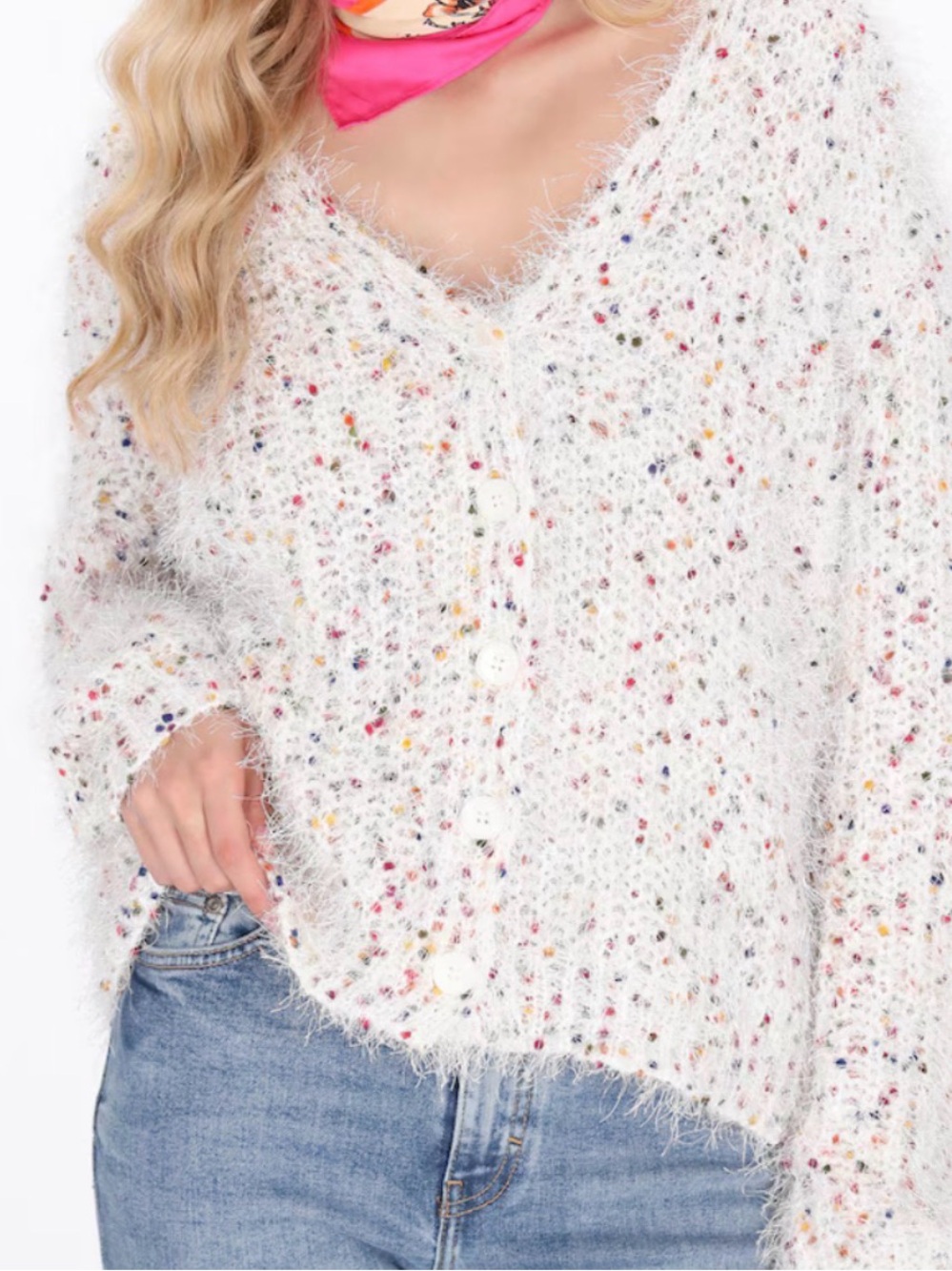 POL White Fuzzy Confetti Speckle Button Cardigan Oversized Size Medium
